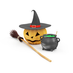 Halloween Pumpkin with Witch Hat, Broom and Witches Cauldron