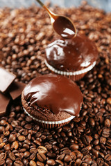 Composition with tasty homemade chocolate muffins and coffee