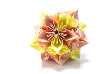 origami pink and yellow flowers isolated on white background