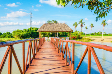 Wooden bridge on a beautiful lake, Vinales, Cuba