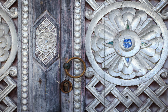 Close up vintage wooden door carving