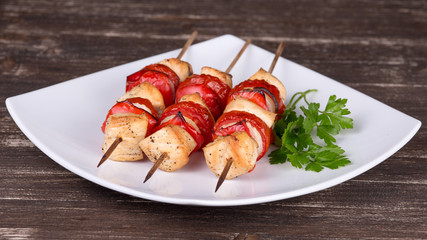 Grilled meat and vegetables on skewer