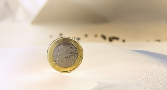 One euro coin in a desert