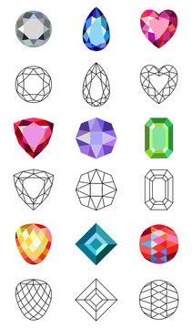 Low poly colored & black outline template gems cuts