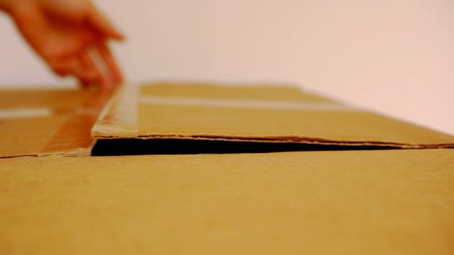 hand open cardboard box. portrait from inside the box. HD