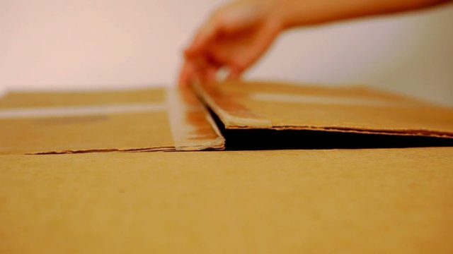 hand open cardboard box. portrait from inside the box. HD