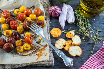 Helthy clean eating,roasted tomato with herbs from above