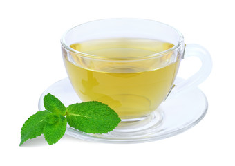 A cup of green tea with mint isolated on a white background.