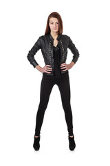 Fototapeta premium Young girl in black leather jacket isolated over white