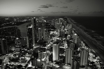 City evening in Gold Coast, Australia. Black and white.
