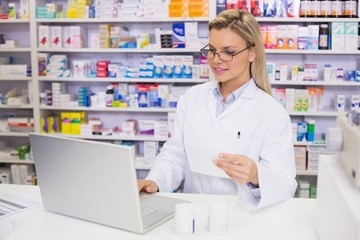 Pharmacist using the computer