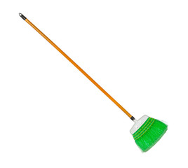 Green plastic broom with log brown handle