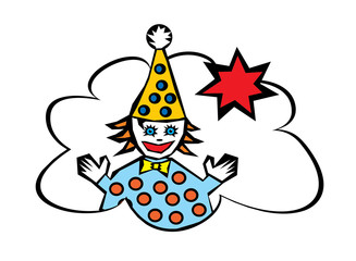 Smiling clown with yellow cap and red star