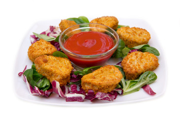 Nuggets of chicken salad on white background