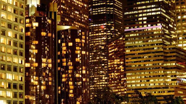 Close up of Buildings in Downtown Los Angeles at Night