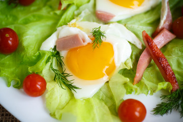 fried eggs with sausage and tomato