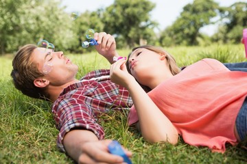 Obraz premium Cute couple in the park blowing bubbles