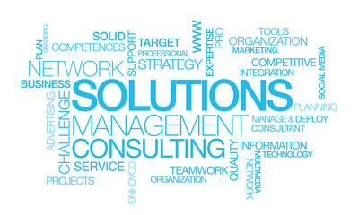 Obraz premium Solutions management consulting network word tag cloud image
