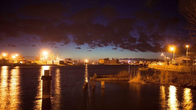 Time lapse in port of Kaliningrad at night time
