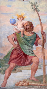 St Christopher, painting on the house facade in Graz, Austria 