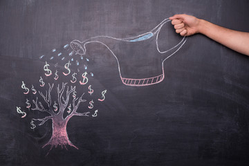 Hand watering dollar tree painted on chalkboard