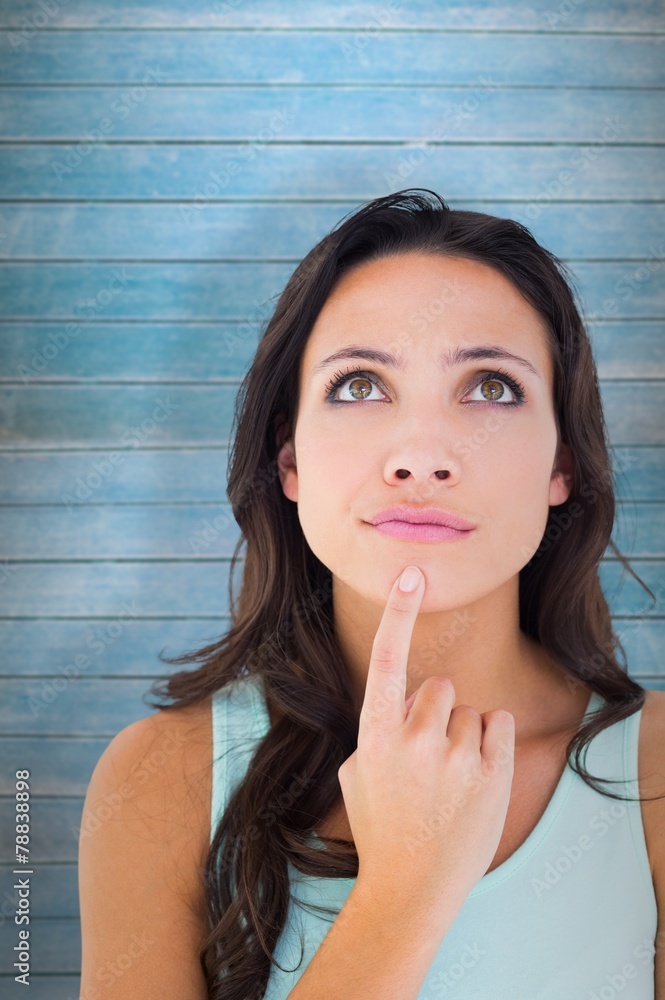 Poster composite image of pretty brunette looking up thoughfully