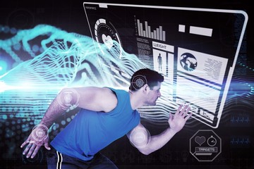 Composite image of side view of a young sporty man running