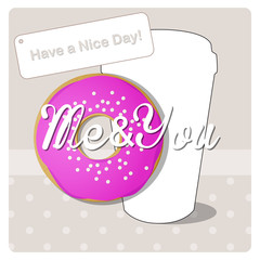 have a nice day, donut and cup of coffee on polka dot background