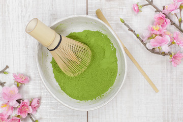 Green tea.Preparation of matcha powdered green tea