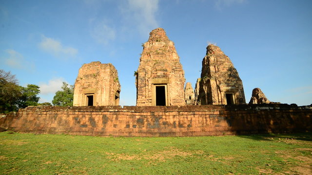 Zoom Out of Walled Temple in the Morning  - Angkor Wat Temple Cambodia