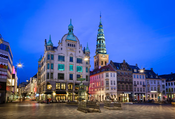 Amagertorv Square and Stork Fountain in the Old Town of Copenhag - obrazy, fototapety, plakaty