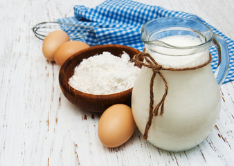 eggs, flour, milk and wire whisk