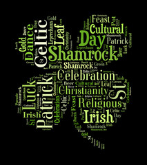 Four leaf shamrock word cloud on black background