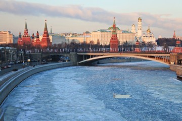 View on Moscow buildings and frozen river in winter