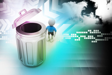 3d small person standing next to a trash can