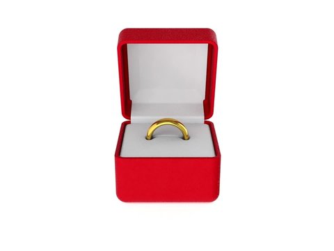 Opening red box with еngagement gold ring white background 3d