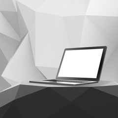 Laptop with blank screen on laminate table and low poly geometri