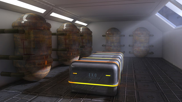 Futuristic room and exo capsules