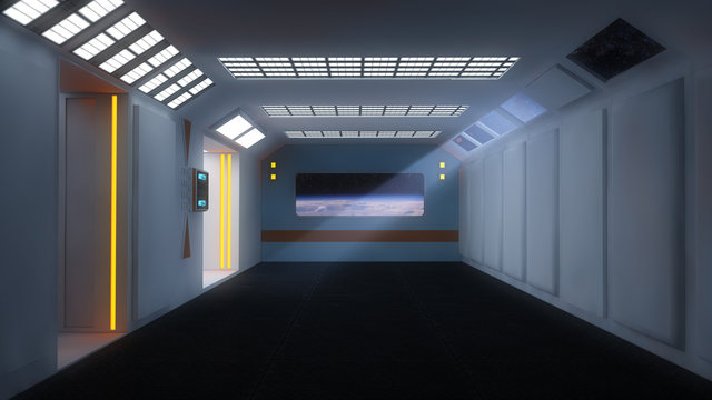 Futuristic room and planet
