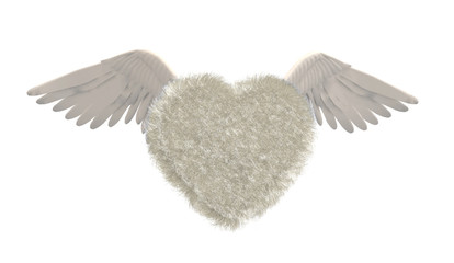Heart in fur with bird wings isolated