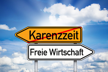 Fototapeta premium Wegweiser mit Karenzzeit und freie Wirtschaft