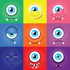 Set of funny cartoon expression monsters with one eye