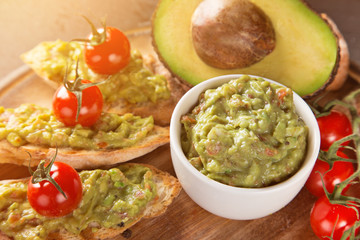 Guacamole with bread and avocado