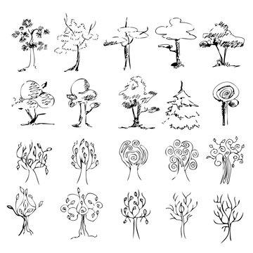 set of 20 trees on a white background , sketch