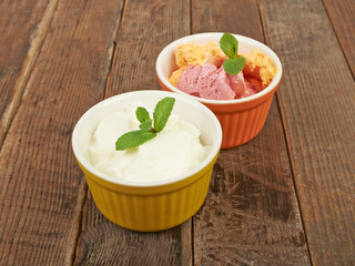 Ice cream in a cup on the table