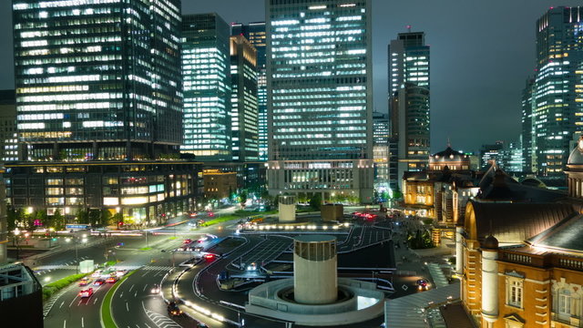 night scenery, tokyo station, tall buildings