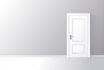White door closed on a gray wall with reflective floor