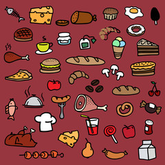 Food icons vector drawings drawn by hand in color.
