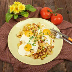 Fried potatoes with eggs on the table