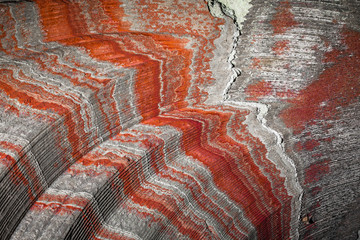 multicolor fragment of wall in potassium salt mine with stripes